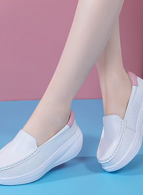 女款小白鞋牛皮坡跟软底真皮护士鞋夏季厚底医院上班鞋摇摇鞋