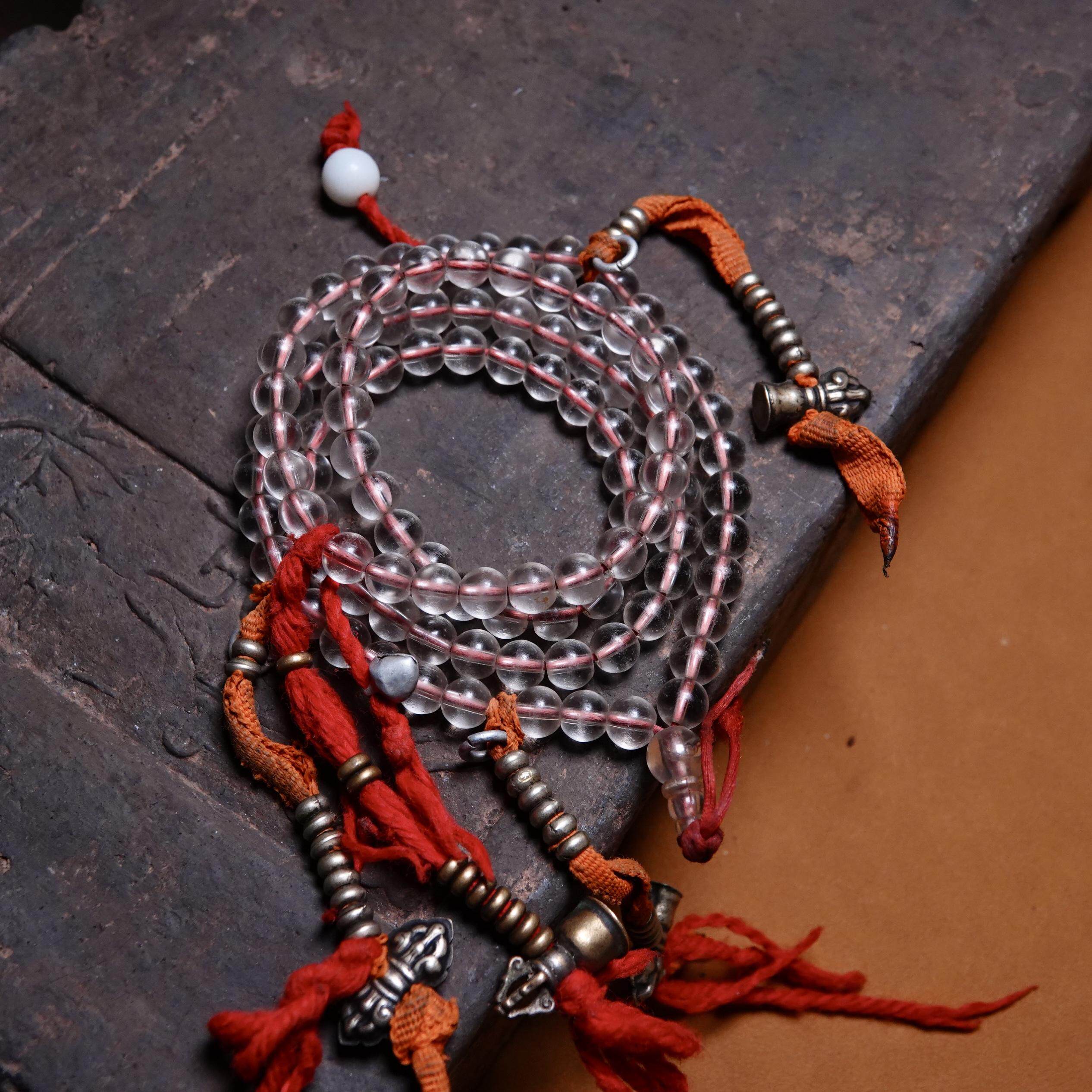 藏式老琉璃水晶佛珠原装全品一套文玩纯手工DIY念珠手串随身配饰