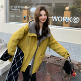 韩范工装风连帽羽绒服女2025冬季新款设计感中长款黄色保暖外套，女装短外套，2C121