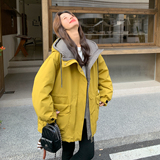 韩范工装风连帽羽绒服女2025冬季新款设计感中长款黄色保暖外套，女装短外套，2C121