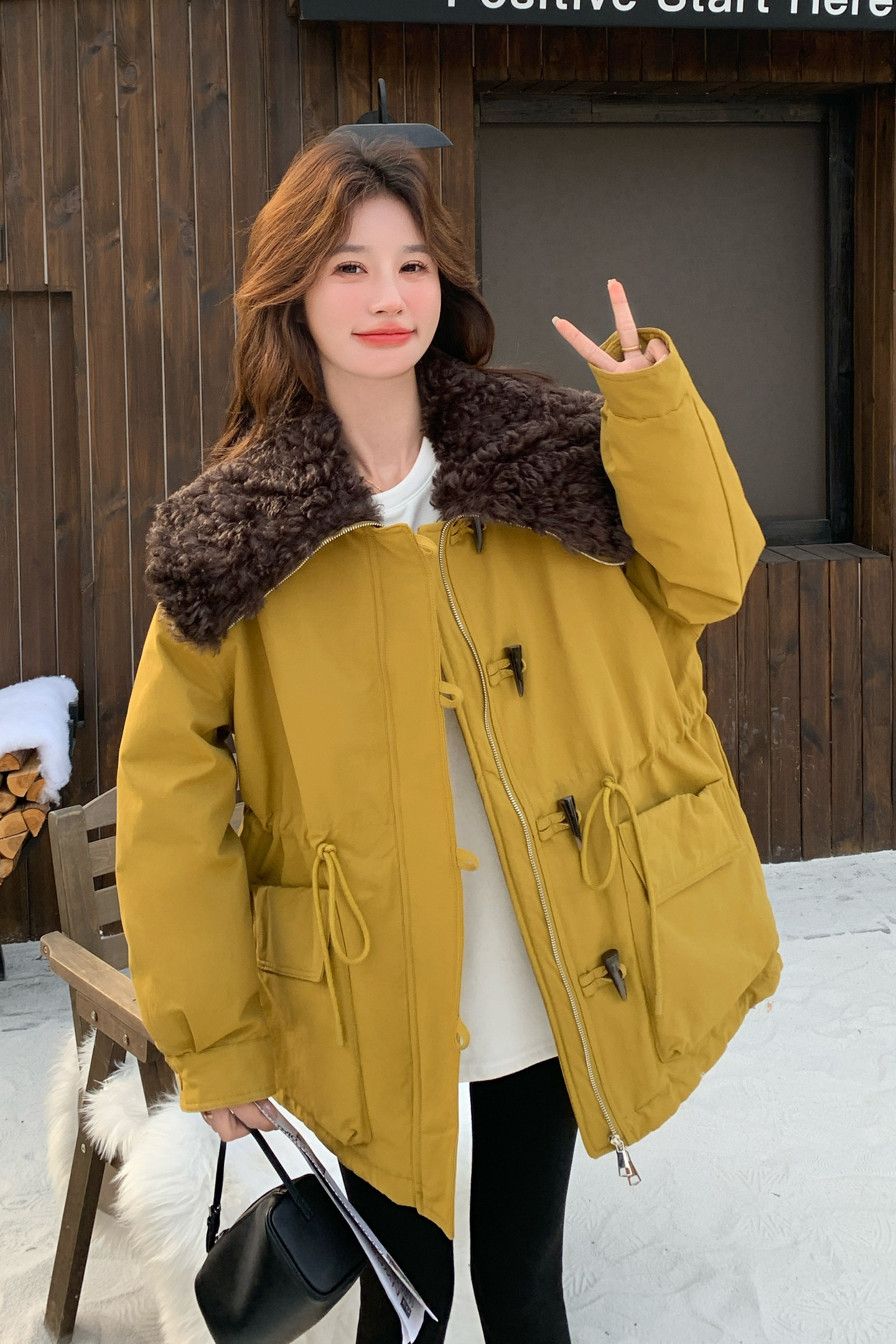 【新品】亮黄色拼接毛领保暖羽绒内胆派克服2263-P285-控418,女装派克服,2C121