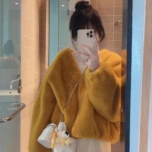K小姐女装自制【厚实短皮草】隐形扣保暖环保貂毛v领皮毛一体外套