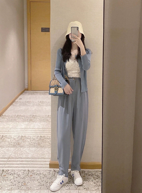 K小姐女装自制 蓝色西装裤树脂扣显瘦收脚工装裤垂感yyds薄休闲裤