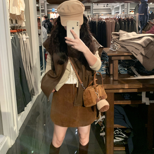 K小姐女装自制【美式棕色皮衣】悠闲爵士茧型外套贴袋拉链pu马甲