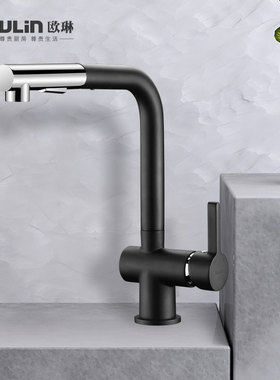 欧琳厨房龙头黑色洗菜盆龙头精铜主体冷热水龙头可旋转摩登哑光黑