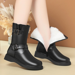 冬季靴子女真皮平底中筒靴加厚羊毛高筒大棉女靴厚底大码女鞋冬靴