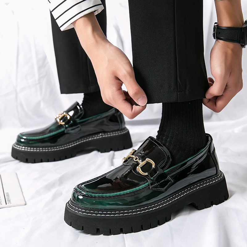 跨境男鞋2025新款潮年轻人增高厚底休闲鞋男士英伦小皮鞋男绿色