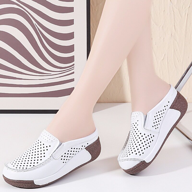 跨境真皮镂空小白鞋女厚底半拖鞋洞洞鞋松糕坡跟套脚妈妈鞋一脚蹬