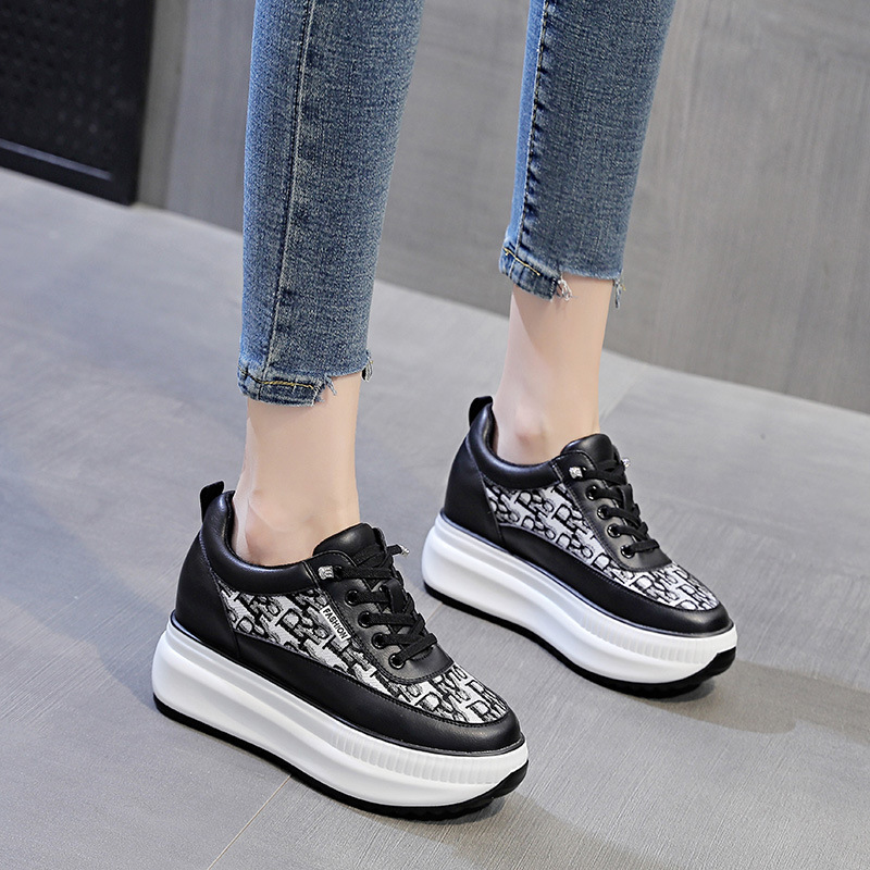 2025春秋季女鞋新款松紧坡跟松糕厚底内增高休闲运动小白鞋女单鞋