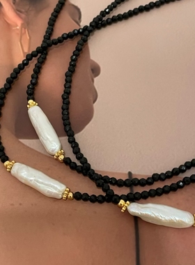 巴洛克珍珠黑尖晶石切面珠女项链