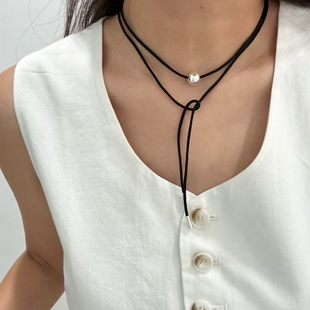 通体S925纯银向日葵欧尼同款银球黑绳项链choker双层锁骨链多戴法