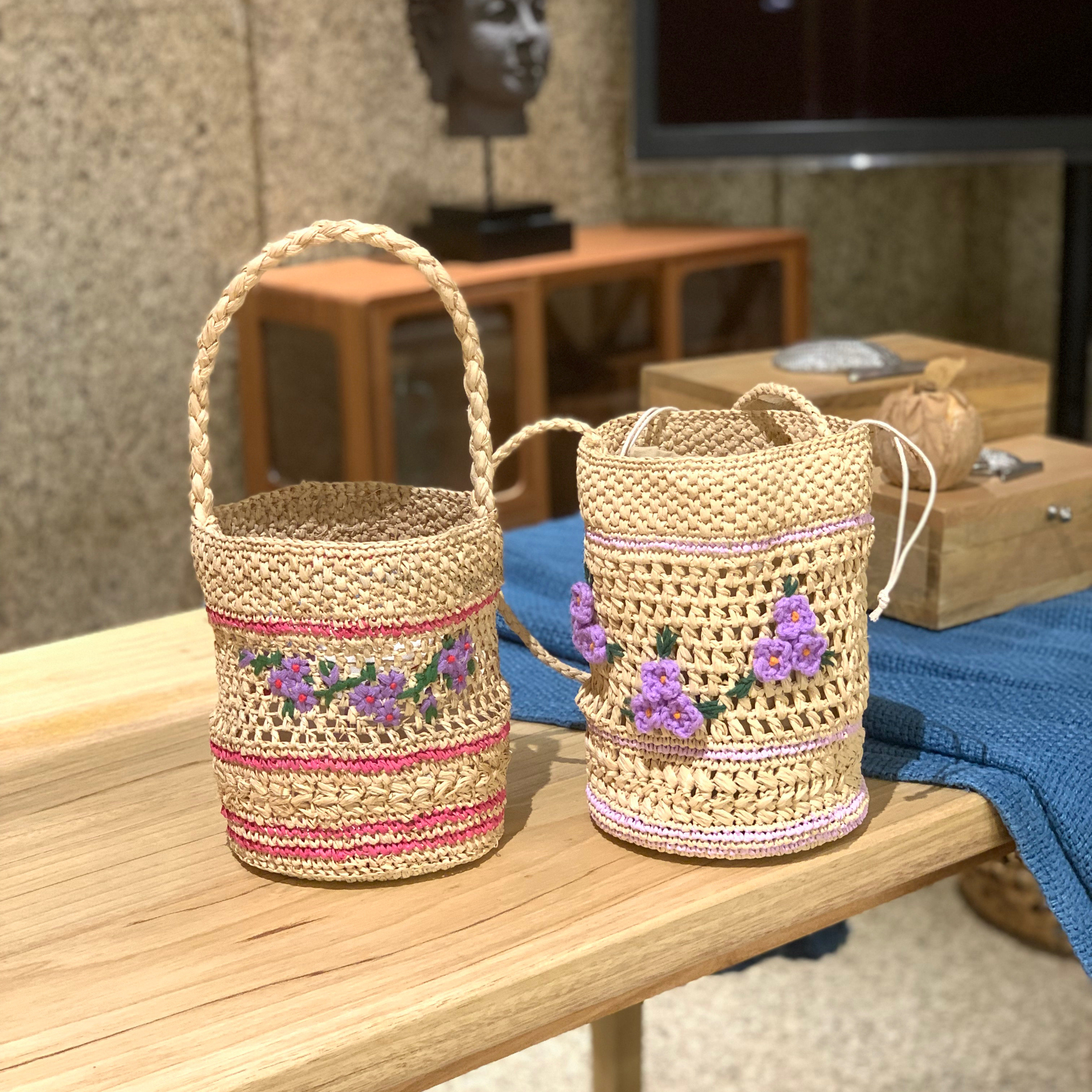 法式拉菲草圆筒手提包小众手工刺绣编织包精致草编包小众ins沙滩