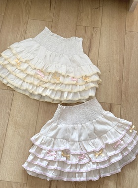 原创自制奶黄色少女感显瘦蕾丝蓬蓬蛋糕裙甜美可爱半身裙高腰短裙