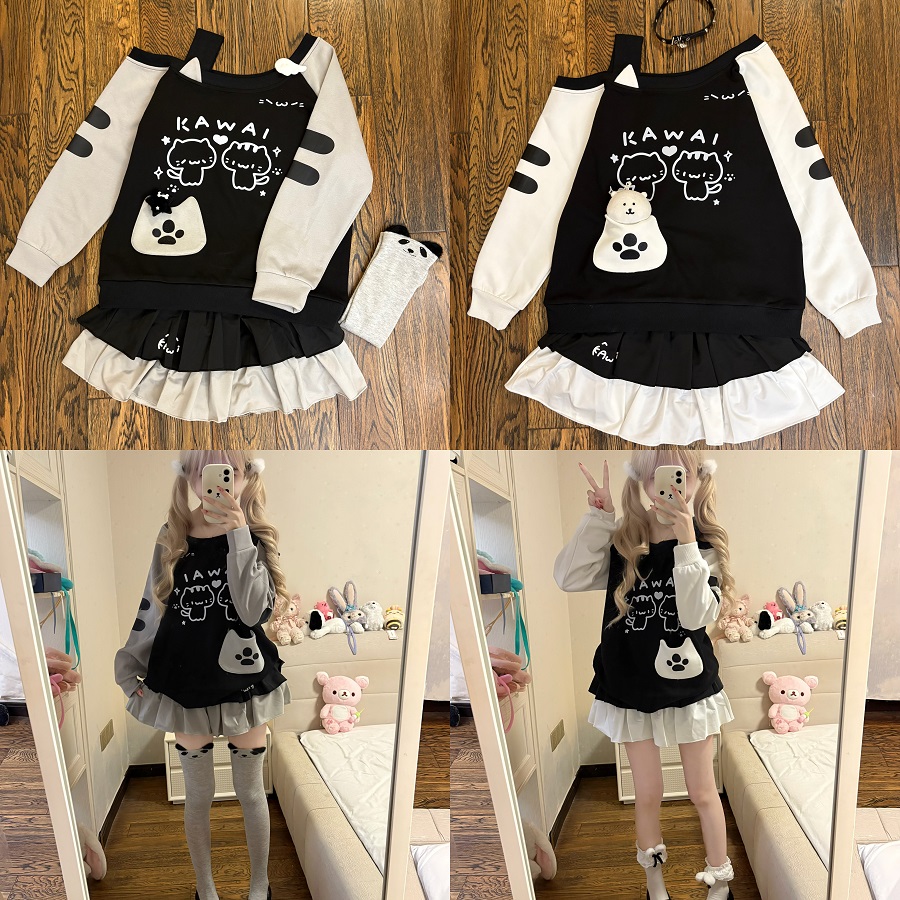 blurredbear原创日系萌感宅系圆领套头漏肩宅萌辣妹长袖小猫卫衣