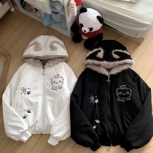 自制日系亚文化萌感宅宅毛领加厚夹棉外套猫耳朵小猫刺绣棉服女