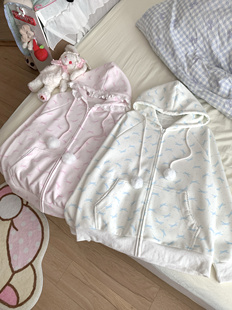 碎花蝴蝶结温柔甜美秋冬休闲连帽加绒外套卫衣 原创少女感纯欲开衫