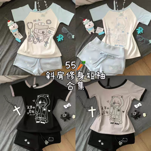 迷糊小熊原创宅系亚文化宅萌感印花斜肩纯棉短袖女夏辣妹修身T恤