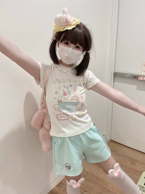 blurredbear原创日系软妹可爱修身辣妹正肩紧身短袖+软妹三分裤