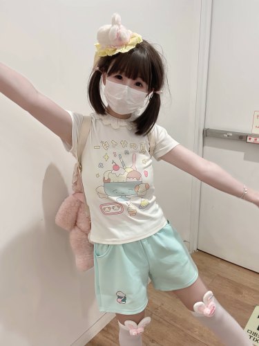 blurredbear原创日系软妹可爱修身辣妹正肩紧身短袖+软妹三分裤