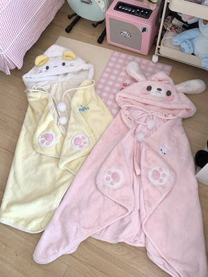 原创软妹可爱棉花糖猫啵啵兔保暖毛绒连帽披风家居懒人披肩宿舍毯