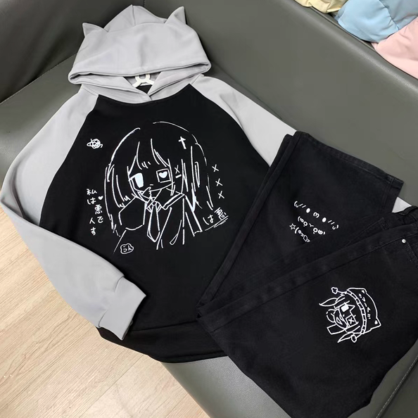 原创日系甜辣二次元宅系黑灰撞色宽松百搭连帽加厚卫衣动漫卫衣女