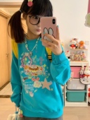 原创童趣甜点可爱印花葱绿色长袖 春秋宽松百搭圆领卫衣外套 二次元