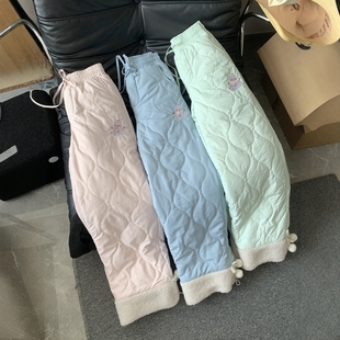 冬季甜妹棉裤毛绒绒拼接加绒保暖裤子休闲裤女小个子加厚直筒长裤