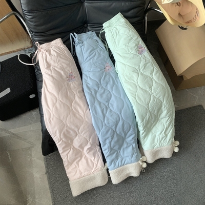 棉裤毛绒绒拼接加绒保暖裤子