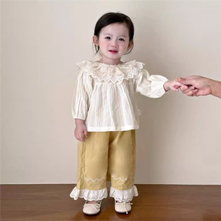 女童套装2025韩版春装婴幼儿宝宝花边领长袖衬衫上衣洋气两件套