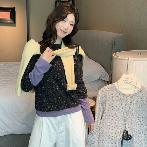 SUSAN-碎花yyds韩系碎花假两件撞色拼接慵懒温柔气质针织衫T135H