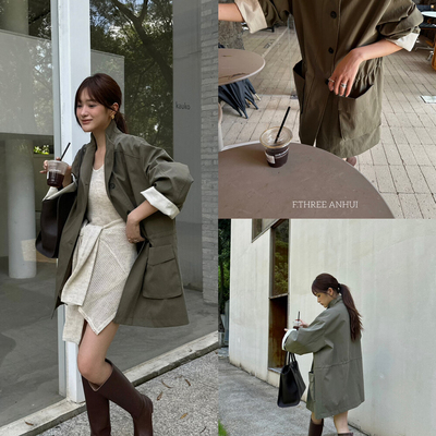 No退no换 清 FTHREE三姐妹高级感经典廓形中长款外套风衣15361a