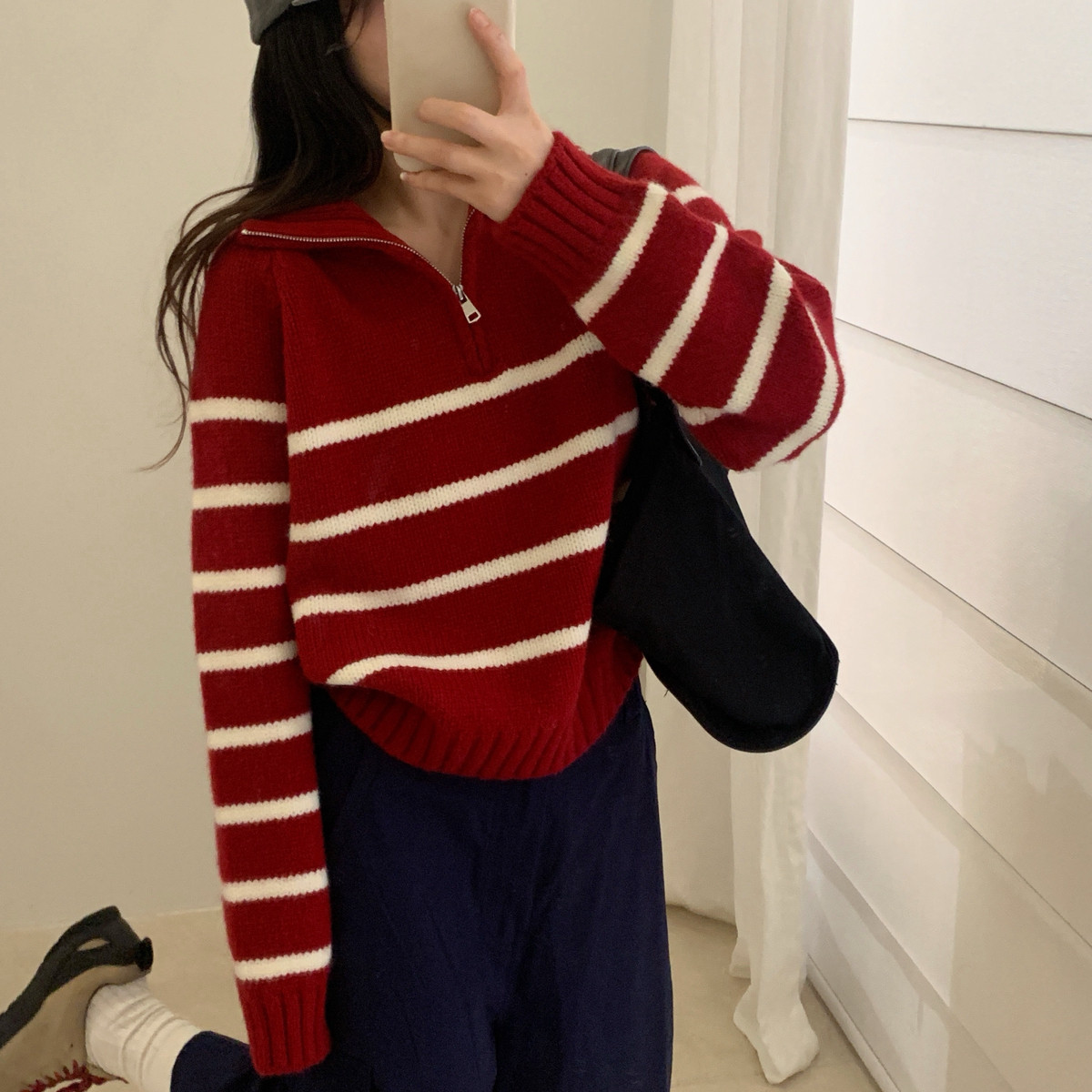 Find Time爆款撞色条纹半拉链百搭套头保暖毛衣L60685