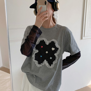 OMELET蛋卷-复古百搭重工小元素点缀拼波点纱蕾丝长袖T恤HT26153