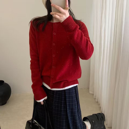 Find Time-～羊毛点子纱圆领纽扣百搭针织开衫（含97.5羊毛）L612