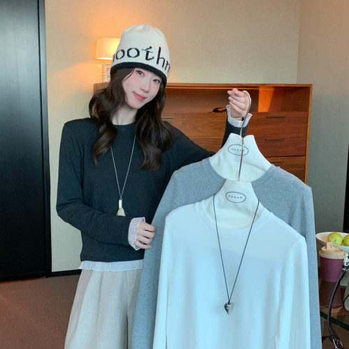 SUSAN-这件韩系蕾丝拼接花边百搭温柔精致长袖T恤(不含项链)TC702