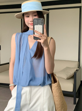 SARA-法式V领飘带设计波点小衫26203