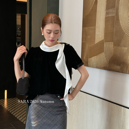 SARA-秋上新法式复古丝绒飘带不可拆设计拼接小衫(单卖小衫)26330