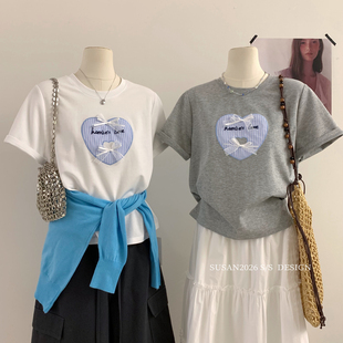 SUSAN T恤MT311 26年早春韩系爱心贴花立体蝴蝶结短袖