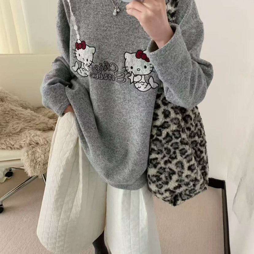 买手严选-泡菜馆-可爱风圆领宽松HelloKitty印花加绒长袖T恤55006