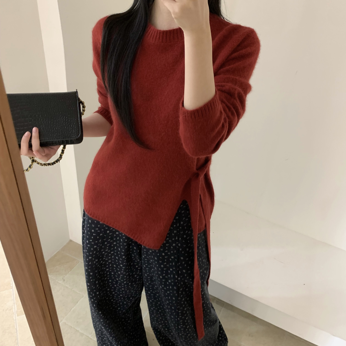 SHEEP.-韩系蜜熊绒侧绑带圆领套头毛衣(含19.0绵羊毛)5485013X