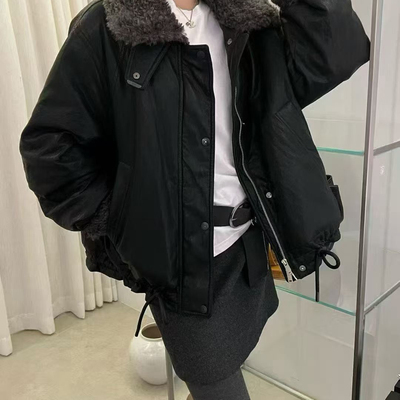 十三行 韩版休闲毛领蛋白皮新国标短款抽绳皮保暖羽绒服外套8591