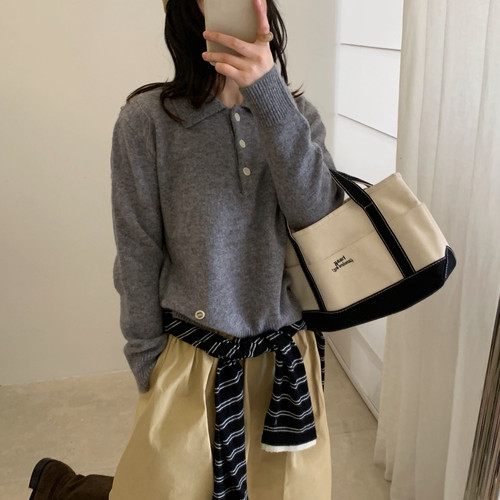 Find Time-翻领半纽扣小标纯色百搭保暖毛衣（含100羊毛）TL60610