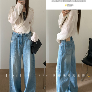 81797 IEZ 进口水钻牛仔裤 烫钻流星雨阔腿直筒裤 上新火出圈爆款