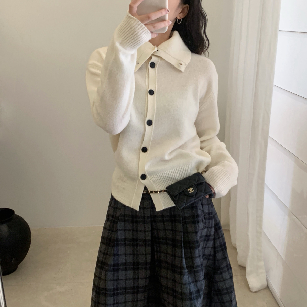 Find Time-全毛高领单排扣纯色百搭针织开衫（含100绵羊毛）L6103