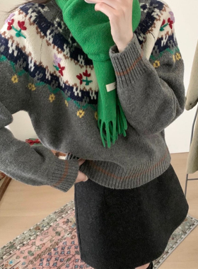 TOMORROW-致重工手工绣花复古撞色套头保暖毛衣（含100羊毛）PCM2