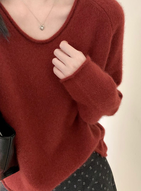 TOMORROW-韩系宽松慵懒插件卷边u领套头毛衣(含26.6绵羊毛)HS5828