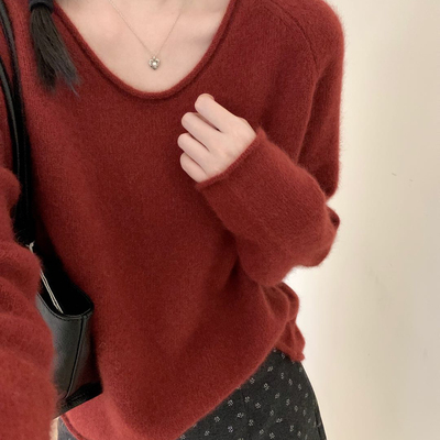 TOMORROW-韩系宽松慵懒插件卷边u领套头毛衣(含26.6绵羊毛)HS5828