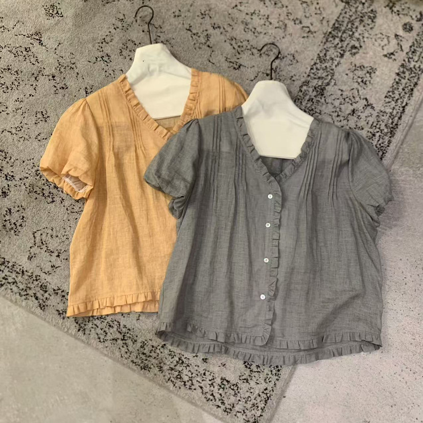 买手严选-泡菜馆-夏上新SLOWER韩系V领宽松木耳边压褶小衫YS1-445