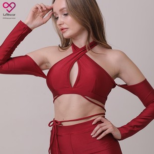 Lafitwear原创设计高光莱卡性感交叉挂脖镂空长袖 halter胸棉胸衣