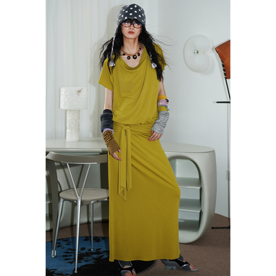 坏品味西部 复古纯色荡领系带宽松长款连衣裙袖套两件套